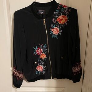 Johnny Was Black Bomber Jacket with Floral Embroidery